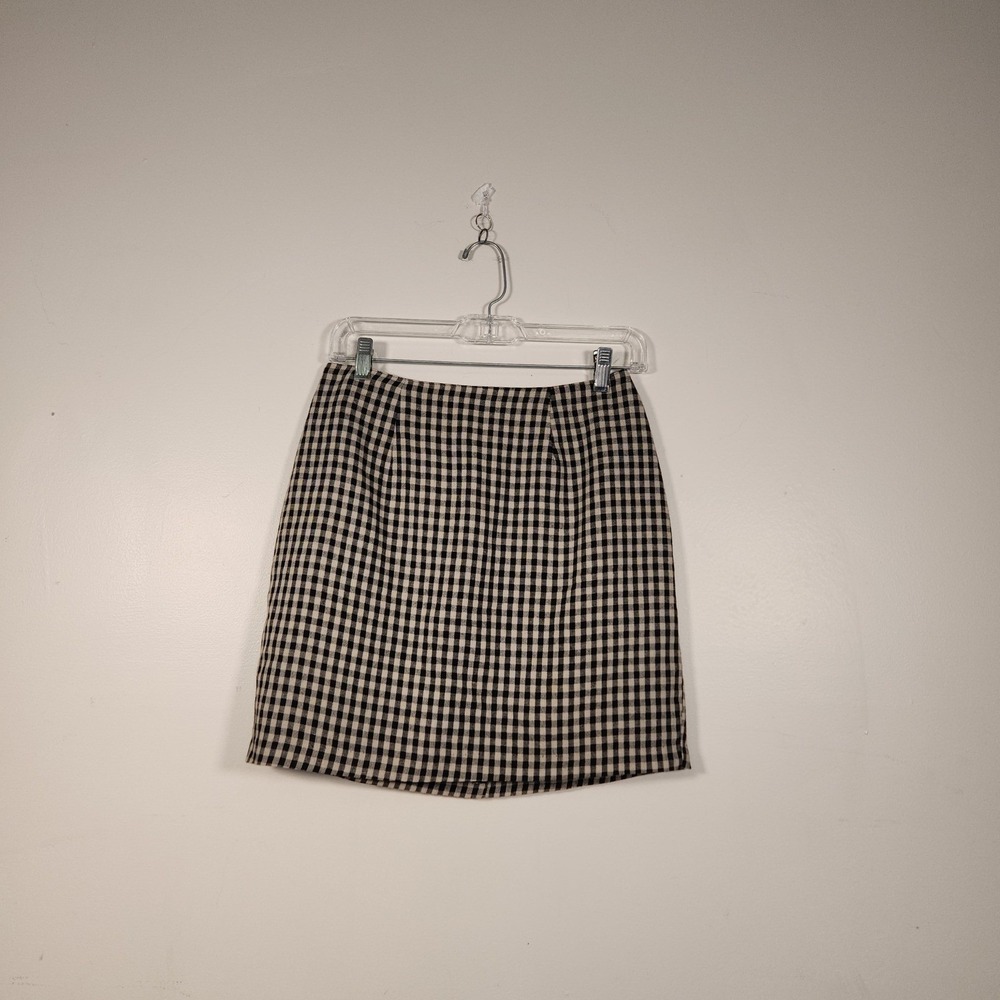 DAILY HABIT Mini Skirt Women 9 Black Beige Gingham Check Plaid Vintage Retro